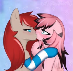 Size: 3000x2891 | Tagged: safe, artist:cheddart, derpibooru import, oc, oc only, oc:cheddart, oc:ponepony, earth pony, pegasus, blushing, clothes, duo, duo female, female, gradient background, kiss on the lips, kissing, lesbian, mare, socks, stockings, striped socks, thigh highs