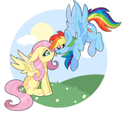 Size: 2048x1853 | Tagged: safe, artist:cinnamontee, derpibooru import, fluttershy, rainbow dash, pegasus, pony, g4, circle background, cloud, cute, duo, duo female, eye clipping through hair, female, flower, flutterdash, flying, hill, lesbian, mare, nuzzling, outdoors, shipping, spread wings, sun, unshorn fetlocks, wings