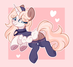 Size: 1244x1145 | Tagged: safe, artist:cinnamontee, derpibooru import, oc, oc only, oc:velvet vanity, pony, unicorn, butt, clothes, eye clipping through hair, female, headband, heart, horn, mare, passepartout, socks, solo, stockings, thigh highs