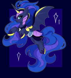 Size: 1857x2048 | Tagged: safe, artist:cinnamontee, derpibooru import, princess luna, alicorn, pony, g4, armor, bat wings, chaos luna, clothes, crown, female, gameloft, jewelry, mare, passepartout, regalia, shoes, smiling, solo, sparkles, spread wings, wings