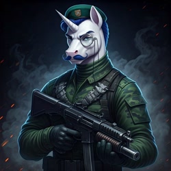 Size: 1024x1024 | Tagged: safe, ai content, derpibooru import, machine learning generated, fancypants, anthro, unicorn, beret, clothes, cosplay, costume, fatigues, g.i. joe, generator:google imagen 3.0, gloves, gradient background, gun, hat, horn, male, military uniform, monocle, prompter:zerowinger, ranger, sgt. stalker, smoke, solo, submachinegun, uniform, weapon