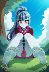 Size: 2496x3648 | Tagged: safe, ai content, derpibooru import, machine learning generated, sonata dusk, human, equestria girls, g4, barefoot, day, feet, female, fetish, foot fetish, foot focus, forest, generator:civitai, grass, looking at you, nature, outdoors, prompter:trux23, sitting, smiling, smiling at you, soles, solo, toes, tree