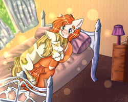 Size: 5000x4000 | Tagged: safe, artist:deadsmoke, derpibooru import, oc, oc only, oc:alu, oc:maize goldenrod, bed, bedroom, blushing, commission, desk lamp, duo, female, indoors, lying down, mare, window