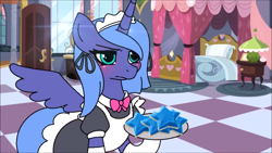 Size: 1920x1080 | Tagged: safe, artist:tamers12345, derpibooru import, princess luna, alicorn, pony, g4, clothes, cookie, female, food, indoors, maid, mare, s1 luna, screencap background, solo