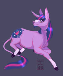 Size: 1072x1286 | Tagged: safe, artist:moonlenoircrow, derpibooru import, twilight sparkle, unicorn twilight, classical unicorn, unicorn, g4, alternate cutie mark, blaze (coat marking), blue background, cloven hooves, coat markings, dark blue background, ear fluff, ears, facial hair, facial markings, female, goatee, horn, leonine tail, looking at you, lying down, mare, palindrome get, prone, signature, simple background, smiling, smiling at you, socks (coat marking), solo