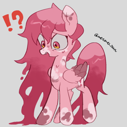 Size: 4096x4096 | Tagged: safe, artist:metaruscarlet, derpibooru import, oc, oc only, oc:metaru scarlet, pegasus, pony, folded wings, gray background, melting, open mouth, pegasus oc, simple background, solo, spotted, surprised, sweat, wings