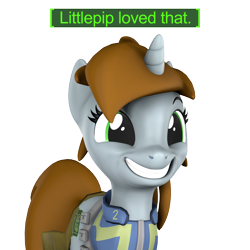 Size: 1200x1200 | Tagged: safe, artist:pika-robo, derpibooru import, oc, oc:littlepip, pony, unicorn, fallout equestria, 3d, cute, fallout, fallout 4, female, grin, happy, horn, mare, meme, reaction image, simple background, smiling, solo, source filmmaker, transparent background, video game reference