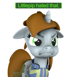 Size: 1200x1200 | Tagged: safe, artist:pika-robo, derpibooru import, oc, oc:littlepip, pony, unicorn, fallout equestria, 3d, angry, ears, fallout, fallout 4, female, floppy ears, frown, horn, mare, meme, puffy cheeks, reaction image, simple background, solo, source filmmaker, transparent background, video game reference