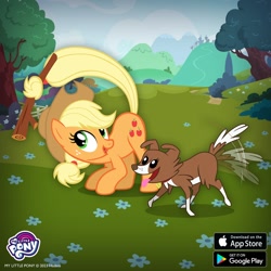 Size: 1080x1080 | Tagged: safe, derpibooru import, applejack, winona, dog, earth pony, pony, duo, female, fetch, flower, gameloft, mare, open mouth, open smile, outdoors, prehensile tail, smiling, stick, tail, tail wag, tongue, tongue out, tree