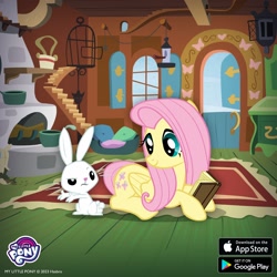 Size: 1080x1080 | Tagged: safe, derpibooru import, angel bunny, fluttershy, book, duo, fluttershy's cottage (interior), gameloft, indoors