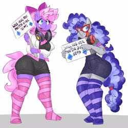 Size: 3300x3300 | Tagged: safe, artist:flutterthrash, derpibooru import, oc, oc only, oc:cinnabyte, oc:lillybit, anthro, plantigrade anthro, arm under breasts, bow, breasts, busty oc, clothes, commission, duo, duo female, eyebrows, eyebrows visible through hair, feet, female, glasses, hair bow, headphones, headphones around neck, mare, midriff, open mouth, open smile, shorts, sign, simple background, skirt, smiling, socks, stocking feet, stockings, striped socks, thigh highs, white background