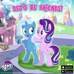 Size: 1080x1080 | Tagged: safe, derpibooru import, starlight glimmer, trixie, pony, unicorn, g4, road to friendship, bipedal, crystal empire, duo, duo female, female, gameloft, horn, mare, outdoors, standing