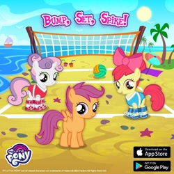 Size: 1080x1080 | Tagged: safe, derpibooru import, apple bloom, scootaloo, sweetie belle, earth pony, pegasus, unicorn, apple bloom's bow, beach, boat, bow, cutie mark crusaders, female, filly, foal, gameloft, hair bow, hair bun, horn, ocean, outdoors, palm tree, summertime apple bloom, summertime sweetie belle, tree, trio, trio female, volleyball net, water