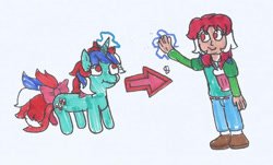 Size: 1149x695 | Tagged: safe, artist:spaton37, derpibooru import, fizzy, human, pony, unicorn, g1, horn, human ponidox, humanized, magic, self paradox, self ponidox, simple background, solo, traditional art, transformation, transformation sequence, white background