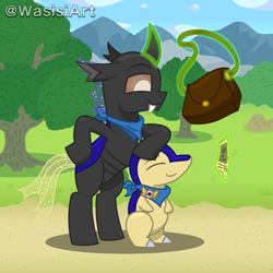 Size: 4500x4500 | Tagged: safe, artist:alejandrogmj, artist:wasisi, derpibooru import, oc, oc only, oc:wasisi, changeling, bag, changeling oc, clothes, cyndaquil, duo, glowing, glowing horn, horn, magic, outdoors, paper, pokémon, pokémon mystery dungeon, scarf, self paradox, tree