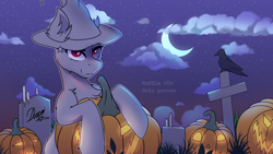 Size: 4000x2250 | Tagged: safe, artist:divori, derpibooru import, oc, oc only, bird, pony, raven (bird), candle, chest fluff, cloud, commission, ear fluff, ears, grass, gravestone, graveyard, halloween, hat, holiday, jack-o-lantern, looking at you, moon, night, outdoors, pumpkin, raffle, red eyes, stars, your character here