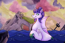 Size: 1417x933 | Tagged: safe, artist:clandestine, derpibooru exclusive, derpibooru import, gorgon, octopus, pony, siren, blue eyes, cala maria, cloud, crepuscular rays, crossover, cuphead, dorsal fin, eyeshadow, fin, fins, gills, makeup, ocean, outdoors, ponified, purple coat, purple hair, rainbow rocks 10th anniversary, screencap background, shipwreck, sirenified, sky, smiling, smirk, solo, species swap, sunset, swimming, unshorn fetlocks, water