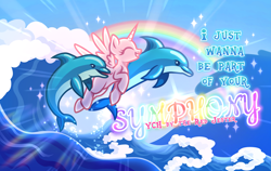 Size: 3575x2260 | Tagged: safe, artist:redjester, derpibooru import, dolphin, pony, advertisement, base, blue sky, commission, eyes closed, horn, outdoors, rainbow, smiling, sparkles, spread wings, text, vector, water, wave, wings, your character here