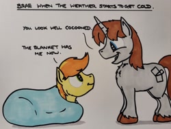 Size: 2048x1536 | Tagged: safe, artist:hoofclid, derpibooru import, braeburn, oc, oc:hoofclid, earth pony, pony, unicorn, blanket, blanket burrito, canon x oc, chest fluff, dialogue, duo, duo male, gay, horn, male, marker drawing, open mouth, open smile, shipping, smiling, stallion, traditional art