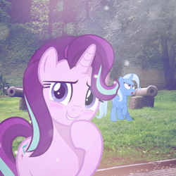 Size: 1947x1947 | Tagged: safe, artist:jhayarr23, artist:trrrebleee, derpibooru import, edit, starlight glimmer, trixie, pony, unicorn, g4, blushing, cannon, duo, duo female, female, horn, irl, lesbian, mare, outdoors, photo, ponies in real life, raised hoof, raised leg, real life background, shipping, startrix, vector edit