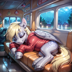 Size: 2400x2400 | Tagged: safe, ai content, derpibooru import, generator:pony diffusion v6 xl, generator:stable diffusion, machine learning generated, derpy hooves, pegasus, pony, g4, clothes, cloud, eyes closed, hoodie, lying down, moon, night, prompter:infernum, rain, sky, sleeping, solo, wings