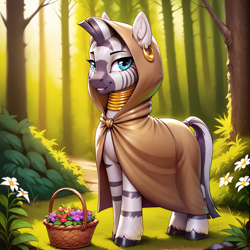 Size: 2400x2400 | Tagged: safe, ai content, derpibooru import, generator:pony diffusion v6 xl, generator:stable diffusion, machine learning generated, zecora, zebra, g4, basket, bush, clothes, coat, day, flower, forest, grass, hood, looking at you, nature, outdoors, prompter:infernum, smiling, smiling at you, solo, standing, tree