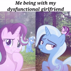 Size: 4096x4096 | Tagged: safe, artist:alandssparkle, artist:jhayarr23, artist:trrrebleee, derpibooru import, edit, starlight glimmer, trixie, pony, unicorn, g4, blushing, caption, duo, duo female, female, high res, horn, irl, lesbian, mare, meme, nature, outdoors, photo, ponies in real life, shipping, startrix, text, vector, vector edit