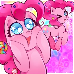 Size: 2000x2000 | Tagged: safe, artist:kk4tt0, derpibooru import, pinkie pie, earth pony, pony, g4, candy, candy in hair, cheek squish, cute, diapinkes, female, food, high res, lollipop, looking at you, mare, one eye closed, open mouth, open smile, passepartout, screentone, signature, smiling, smiling at you, solo, sprinkles in hair, squishy cheeks, starry eyes, wingding eyes, wink, winking at you