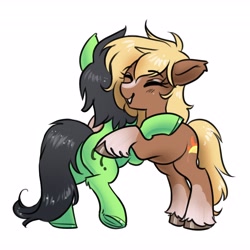 Size: 4096x4096 | Tagged: safe, artist:opalacorn, derpibooru import, oc, oc only, oc:anon filly, earth pony, pony, blaze (coat marking), clothes, coat markings, duo, duo female, eyes closed, facial markings, female, filly, foal, hug, simple background, socks, unshorn fetlocks, white background