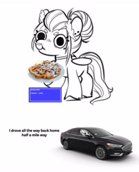 Size: 3290x4096 | Tagged: safe, artist:opalacorn, derpibooru import, oc, oc only, oc:void, pegasus, pony, car, driving, female, food, funnel cake, mare, simple background, smiling, solo, text, white background