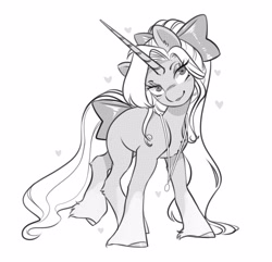 Size: 4096x3950 | Tagged: oc name needed, safe, artist:opalacorn, derpibooru import, oc, oc only, pony, unicorn, blush lines, blushing, bow, eyebrows, eyebrows visible through hair, eyelashes, female, floating heart, gradient legs, grayscale, hair bow, heart, hoof fluff, hooves, horn, jewelry, lidded eyes, long horn, long mane, long tail, mare, monochrome, necklace, screentone, smiling, solo, tail, tail bow