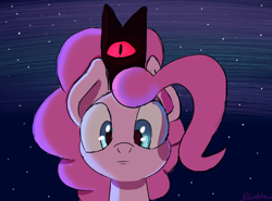 Size: 2700x2000 | Tagged: safe, artist:psychotix, derpibooru import, pinkie pie, earth pony, pony, g4, bust, crown, cult of the lamb, jewelry, looking at you, night, night sky, portrait, regalia, sky, stars, xk-class end-of-the-world scenario