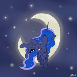 Size: 2000x2000 | Tagged: safe, artist:zeccy, derpibooru import, princess luna, alicorn, female, lying down, mare, moon, night, night sky, no face, sky, solo, stars, tangible heavenly object, wings