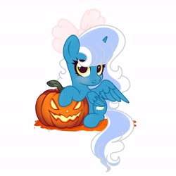 Size: 6890x6890 | Tagged: safe, artist:riofluttershy, derpibooru import, oc, oc only, oc:fleurbelle, alicorn, pony, alicorn oc, blushing, bow, female, golden eyes, hair bow, halloween, holiday, horn, jack-o-lantern, looking at you, mare, nightmare night, pink bow, pumpkin, simple background, sitting, smiling, smiling at you, solo, tail, two toned hair, two toned mane, two toned tail, white background, wings