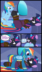 Size: 2200x3753 | Tagged: safe, artist:cardshark777, derpibooru import, rainbow dash, twilight sparkle, twilight sparkle (alicorn), alicorn, pegasus, pony, g4, 4 panel comic, angry, ballgag, bed, bondage, bound and gagged, bound wings, clothes, comic, conversation, costume, crotch rope, dashdom, dialogue, digital art, dominant, duo, female, femdom, femsub, gag, grin, helpless, hooves behind back, hooves on cheeks, hooves on face, horn, horn ring, indoors, lesbian, lidded eyes, looking at each other, looking at someone, lying down, magic suppression, mare, one eye closed, open mouth, rainbow dash's bedroom, ring, roleplaying, rope, rope bondage, ropes, shadowbolts costume, shipping, smiling, speech bubble, submissive, suit, talking, text, tied up, twidash, twilight sparkle is not amused, twisub, unamused, uniform, wall, window, wings, wonderbolts uniform