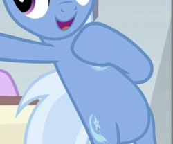 Size: 897x746 | Tagged: safe, derpibooru import, screencap, trixie, pony, unicorn, g4, road to friendship, belly, bipedal, cropped, horn, open mouth, pictures of bellies, smiling, solo