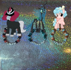 Size: 727x715 | Tagged: safe, artist:lnx1ynight16, derpibooru import, part of a set, cozy glow, lord tirek, queen chrysalis, changeling, changeling queen, pegasus, pony, antagonist, crossed arms, kandi, legion of doom, looking at you, smiling, trio