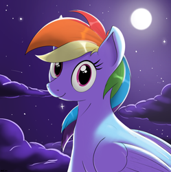 Size: 2197x2209 | Tagged: safe, artist:eels, derpibooru import, rainbow dash, pegasus, pony, g4, cloud, cute, feathered wings, female, folded wings, looking at you, moon, night, outdoors, pegasus wings, sky background, solo, stars, wings