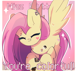 Size: 2250x2100 | Tagged: safe, artist:miryelis, derpibooru import, fluttershy, pegasus, pony, g4, big ears, cute, ears, eyes closed, female, flying, happy, mare, passepartout, smiling, solo, sparkles, spread wings, sticker, text, wings