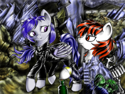 Size: 1024x768 | Tagged: safe, artist:lachasseauxhiboux, derpibooru import, oc, oc:blackjack, oc:morning glory (project horizons), pegasus, pony, unicorn, fallout equestria, fallout equestria: project horizons, alcohol, armor, chest fluff, clothes, drink, duo, duo female, fanfic art, female, female oc, gun, hidden horn, horn, looking at each other, looking at someone, mare, mare oc, outdoors, pegasus oc, shotgun, smiling, unicorn oc, walking, wasteland, weapon