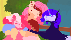 Size: 1554x874 | Tagged: safe, artist:peachpaws0, derpibooru import, fluttershy, pinkie pie, rarity, earth pony, pegasus, pony, unicorn, g4, crystal horn, female, flarity, flutterpie, horn, lavender sunrise au, lesbian, lineless, mare, outdoors, raripie, redesign, screenshot redraw, ship:raripieshy, shipping, trio, unicorn beard