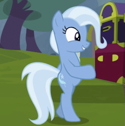 Size: 941x948 | Tagged: safe, derpibooru import, screencap, trixie, pony, unicorn, g4, road to friendship, bipedal, cropped, horn, moonwalk, outdoors, smiling, solo