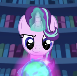 Size: 820x802 | Tagged: safe, derpibooru import, edit, edited screencap, screencap, starlight glimmer, pony, unicorn, every little thing she does, g4, season 6, bookshelf, female, glowing, glowing horn, horn, indoors, library, looking down, magic, magic orb, mare, smiling, smirk, smug, smuglight glimmer, solo, twilight's castle, unicorn magic