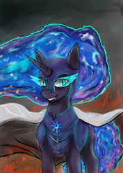 Size: 2480x3508 | Tagged: safe, artist:kirieshka, derpibooru import, nightmare moon, alicorn, pony, armor, bad end, blue eyes, cloak, clothes, evil, evil eyes, evil smile, fire, mantle, night, raincoat, smiling