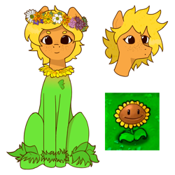 Size: 2000x2000 | Tagged: safe, artist:millionyearspony, derpibooru import, pony, blonde, blonde hair, brown eyes, flower, flower in hair, green body, looking at you, messy mane, plant, plants vs zombies, simple background, sitting, smiling, smiling at you, solo, sunflower (plants vs zombies), white background, yellow hair