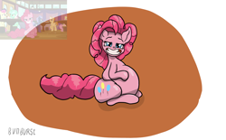 Size: 1754x1090 | Tagged: safe, artist:bun_burst, derpibooru import, pinkie pie, earth pony, pony, a trivial pursuit, g4, belly, big belly, chubby, fat, grin, lidded eyes, looking at you, obese, piggy pie, pudgy pie, scene interpretation, screencap reference, smiling