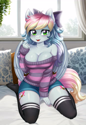 Size: 3425x4961 | Tagged: safe, artist:lifejoyart, derpibooru import, oc, oc only, oc:blazey sketch, anthro, pegasus, plantigrade anthro, bow, breasts, cleavage, clothes, feet, female, hair bow, long hair, looking at you, multicolored hair, nail polish, open mouth, open smile, pegasus oc, smiling, smiling at you, socks, solo, stocking feet, stockings, sweater, thigh highs, thigh socks