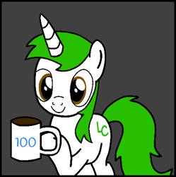 Size: 494x496 | Tagged: safe, artist:lonstecation, derpibooru import, snips, sugar, oc, oc only, oc:lonstecation, pony, unicorn, g4, 100, 3 legs, cup, food, gray background, holding cup, holding mug, horn, male, mug, number, number 100, raised hoof, raised leg, rule 63, simple background, solo, stallion, tea