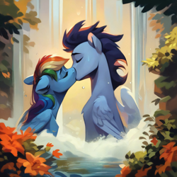 Size: 4096x4096 | Tagged: safe, ai content, derpibooru import, generator:purplesmart.ai, generator:stable diffusion, machine learning generated, rainbow dash, soarin', pegasus, pony, cute, duo, duo male and female, eyes closed, female, forest, kissing, male, nature, outdoors, prompter:*rainbow dash*, romantic, shipping, sitting, soarindash, straight, tree, water, waterfall