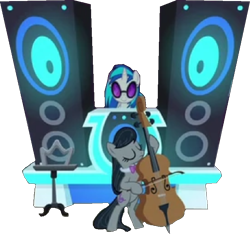 Size: 708x662 | Tagged: safe, derpibooru import, dj pon-3, octavia melody, vinyl scratch, earth pony, pony, unicorn, g4, background removed, bipedal, bowtie, cello, dubstep, duo, female, glasses, horn, mare, musical instrument, necktie, png, simple background, speaker, transparent background